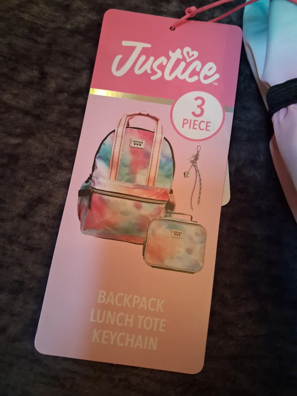 NWT Justice 3pc Set Backpack Lunch Tote Keychain Pink, Blue, Tie Dye